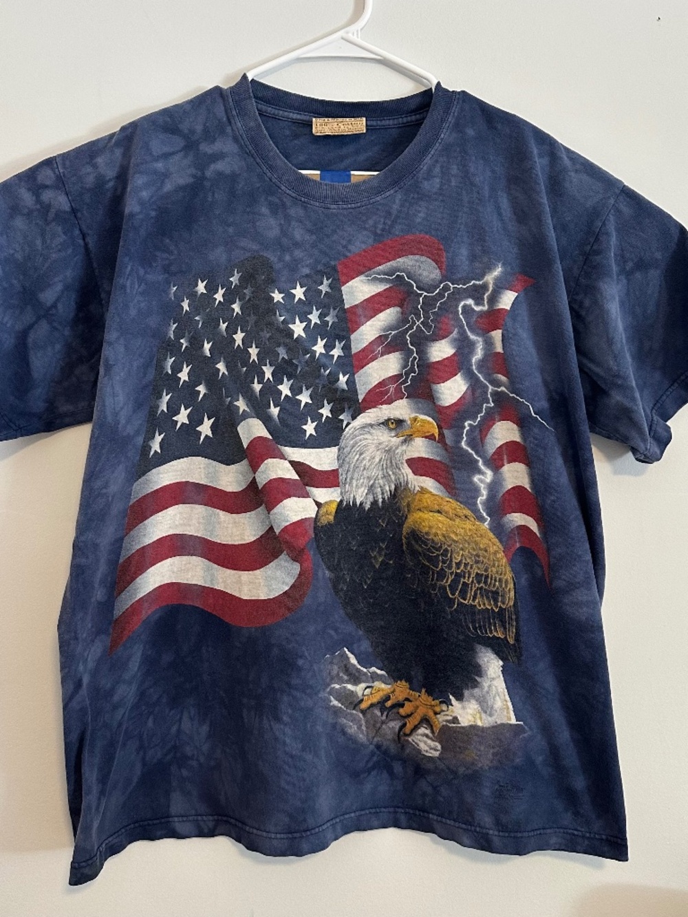 The Mountain Bald Eagle American Flag Print T-Shirt L Blue Y2K Short Sleeve